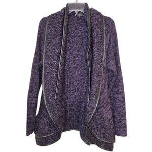 Sioni Purple Black Textured Knit Faux Leather Trim Open Front Cardigan Sweater L